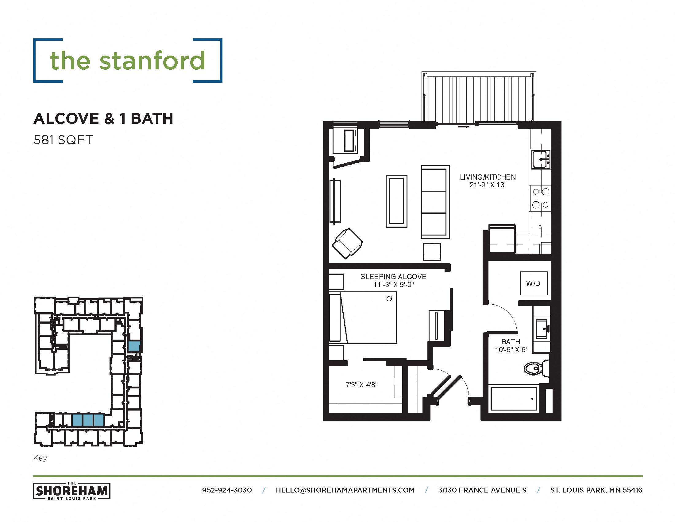 Floor plan for studio, 1 bath, 581 sqft